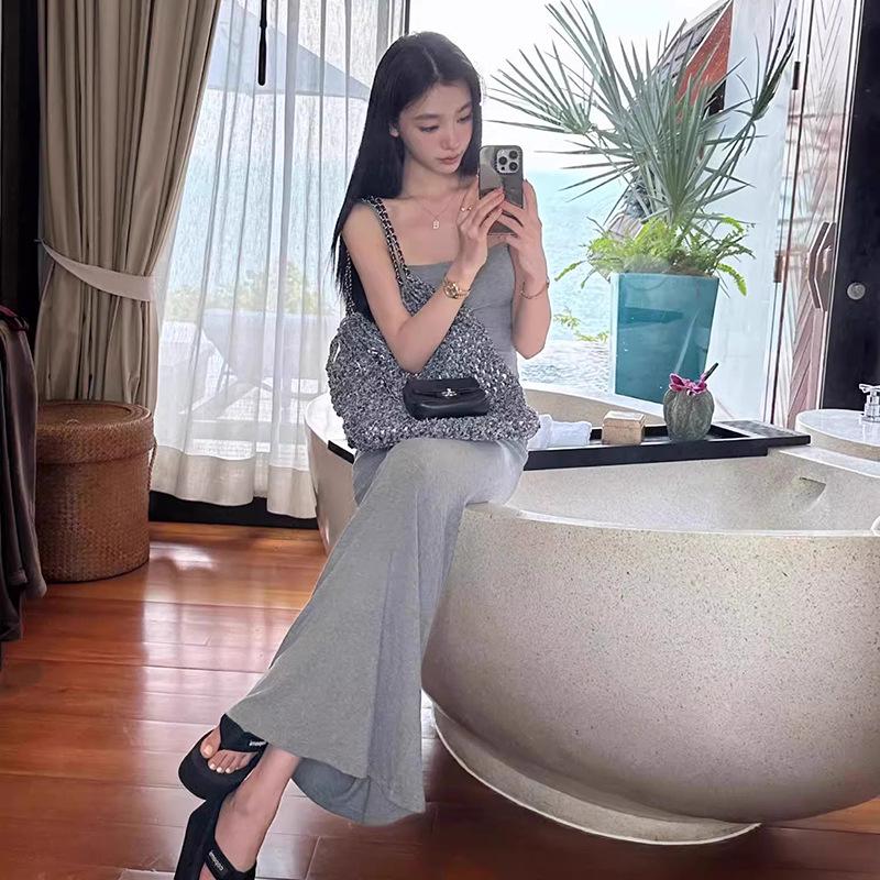 

Women s Solid Color Spaghetti Strap Long Casual Spring/Summer Dress Medium сірий колір