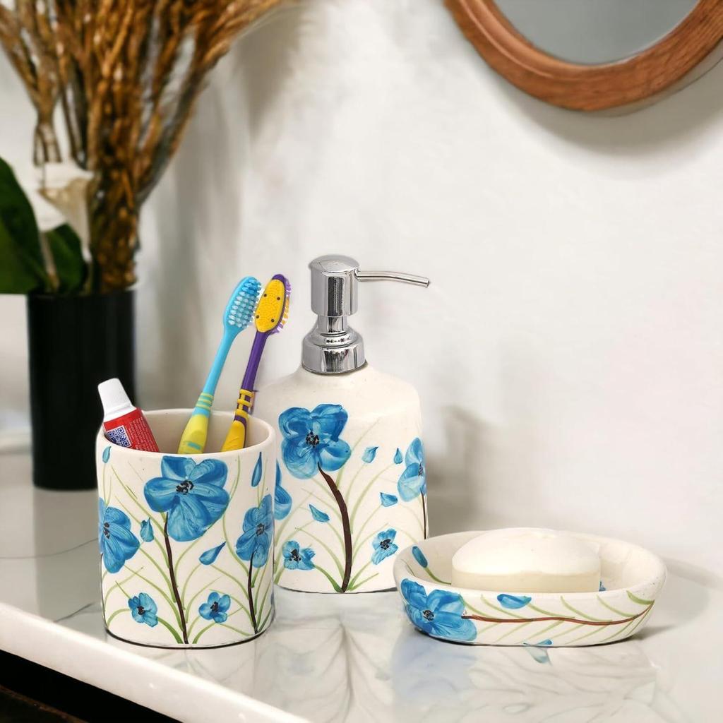 Premium Keramiskt Badrumstillbehörsset om 3 | Lyxigt Badrumsset med 300 ml Tvåldispenser, Tandborsthållare & Tvålkopp | Handmålade Dekorationsföremål