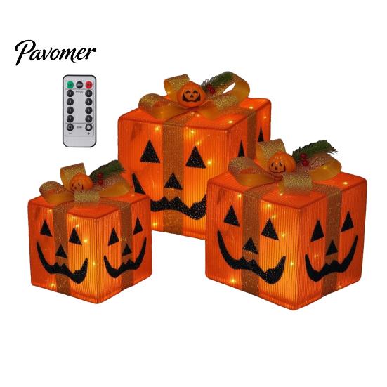 Handmade Pumpkin Face Props 3Pcs Lighted Halloween Gift Boxes, Spooky Glowing Outdoor Doorway Landscaping Presents Box, Warm Light Holiday Ornament