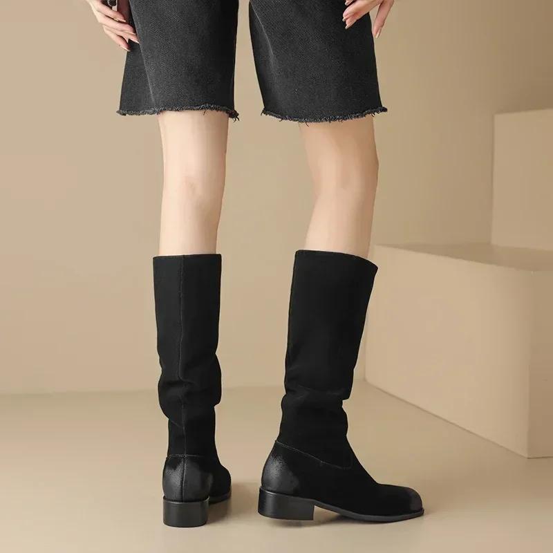 Fashion 2024 New Retro Women Boots Autumn Winter Slip-On Mid-Calf Round Toe Square Heel Basic Women Shoes Motorcycle Boots