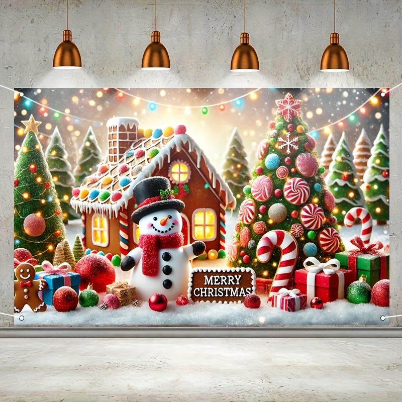 Festive Gingerbread House Christmas Scene Banner with Snowman and Candy Decorations 100x150cm