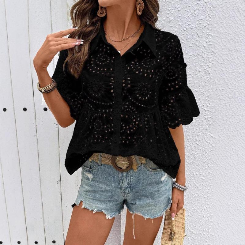 Womens Eyelet Embroidery Peplum Shirt With Point Collar And Ruffle Short Sleeve Casual Blouse