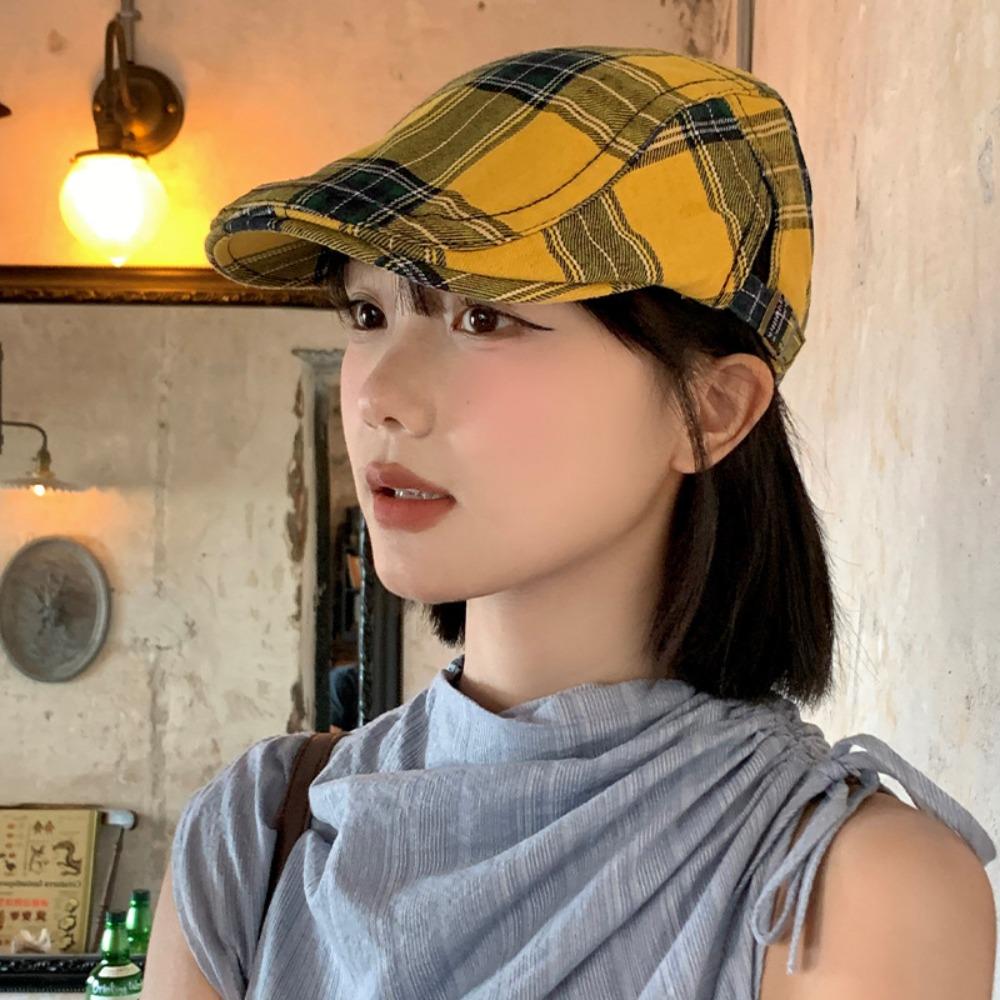 Cotton Plaid Beret Cap Retro Women Artist Hat Casual Cloth Painter Cap Outdoor