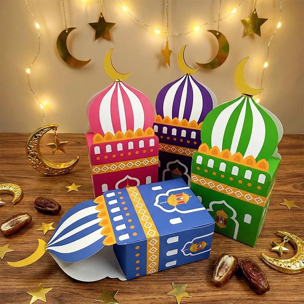 12Pcs Favor Bags Eid Mubarak Gift Box Moon Castle Pattern Candy Packaging Box  Muslim Festival