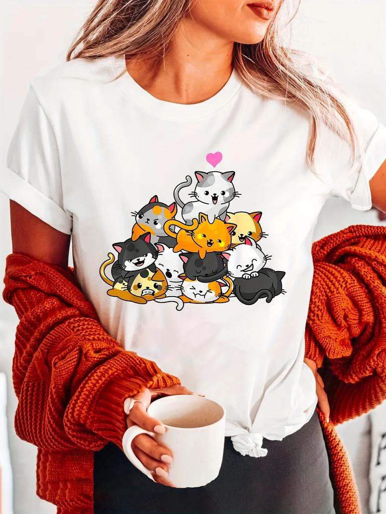 Cats Print Crew Neck TShirt Casual Short Sleeve for Spring Summer Womens Clothing Harajuku Sleeve Casual Aesthetic Clothes