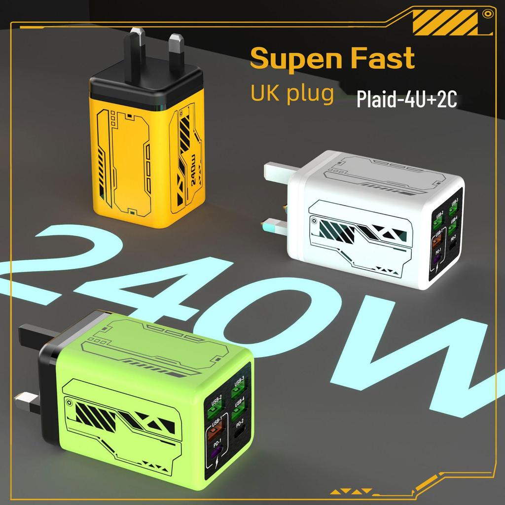 Mecha Style PD240W Fast Charger: 4-USB & 2-Type-C Ports, Compatible with Apple & Huawei Devices