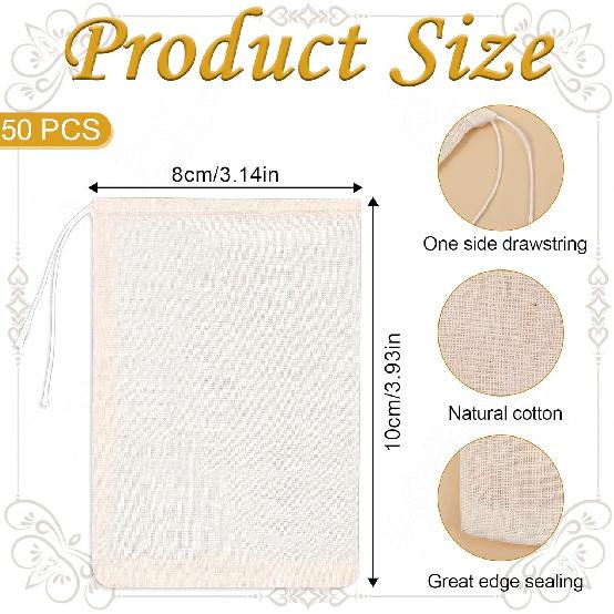 Reble Tea Bags for Loose Tea 50PCS Cotton Sachet Drawstring Packing Bag Spice for Cooking Reble Bag Loose Teas, Sachet Cheesecloth Cold Brew Coffee
