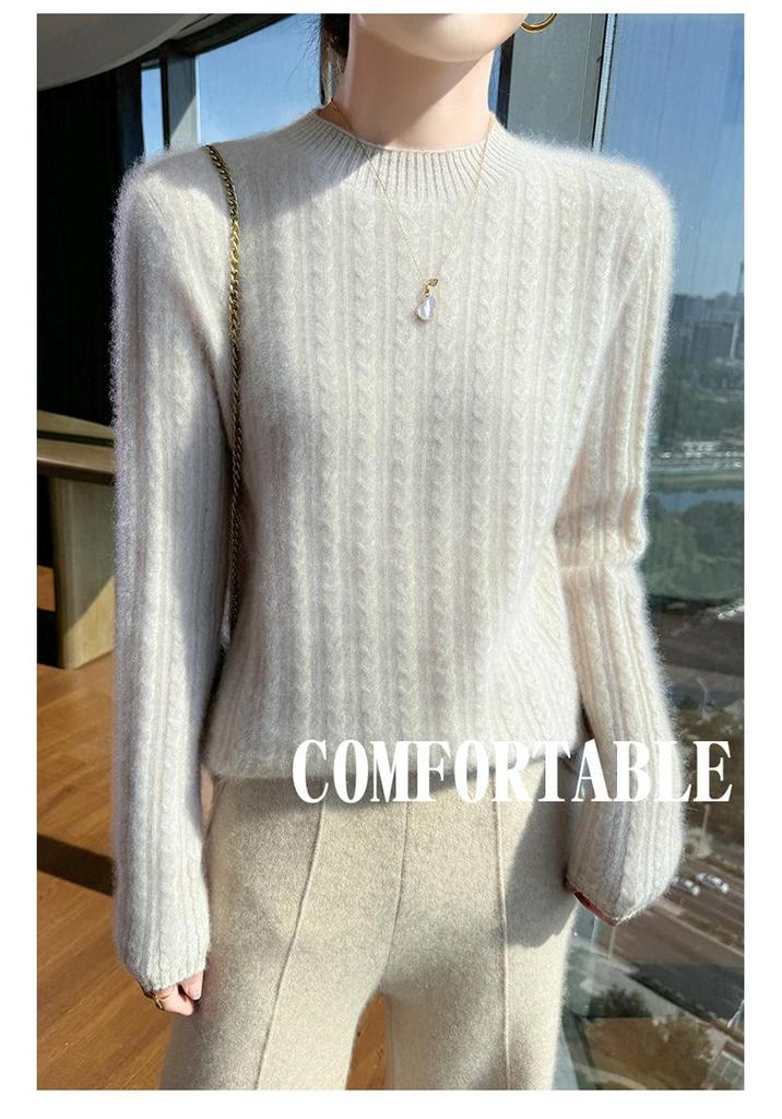 Women's Wool Cable Knit Sweater - Round Neck, Loose Fit, Versatile for Autumn/Winter