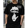 Men's Black Graphic Tee With Hand And Planet Design, Short Sleeve Crew Neck T-Shirt For Streetwear Style