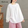 Japanese Mori Girl Spring Autumn Women White Blouse O Neck Ruffles Oversized Baggy Shirt Long Sleeve Cotton Basic Ladies' All-Match Top