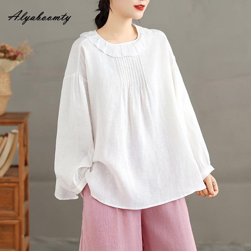 Japanese Mori Girl Spring Autumn Women White Blouse O Neck Ruffles Oversized Baggy Shirt Long Sleeve Cotton Basic Ladies' All-Match Top