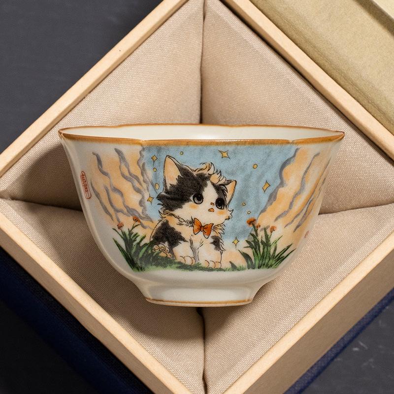 Ru Klin Cute Hand Painted Cat Teacup Ceramic Retro Porcelain Tea Cup Master Cup Tasting Mug Chinese Kung Fu Japanese Tea Teaware