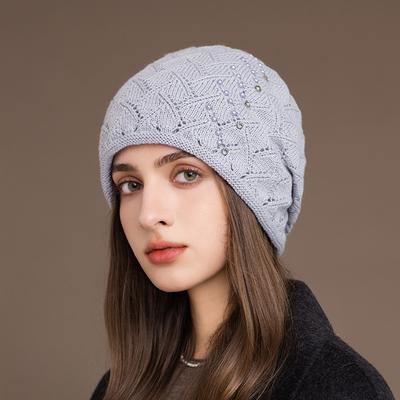 Autumn and Winter New Hat Women's Fashion Pearl Wool Hat Mother Warm Ear Protection Rabbit Hair Knitted Hat