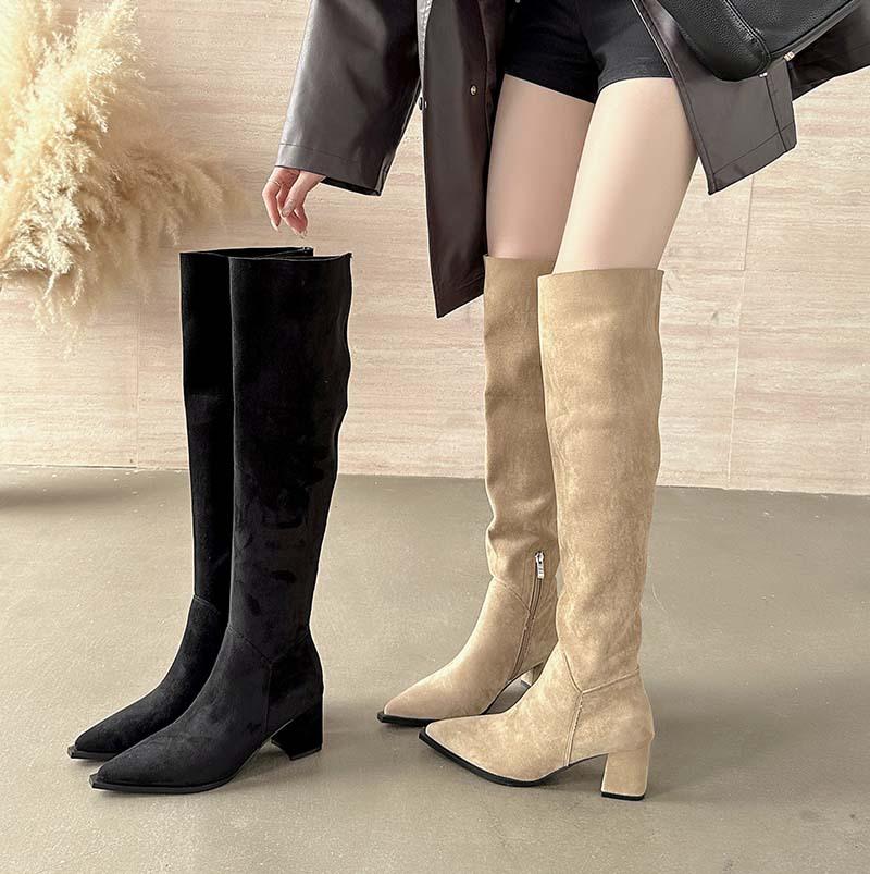 

Женские высокие сапоги 2025 осень и зима новая модель высокий каблук толстый каблук квадратный носок широкое голенище сапоги-чулки высокие до колена сапоги-рыцари хаки 40 хаки