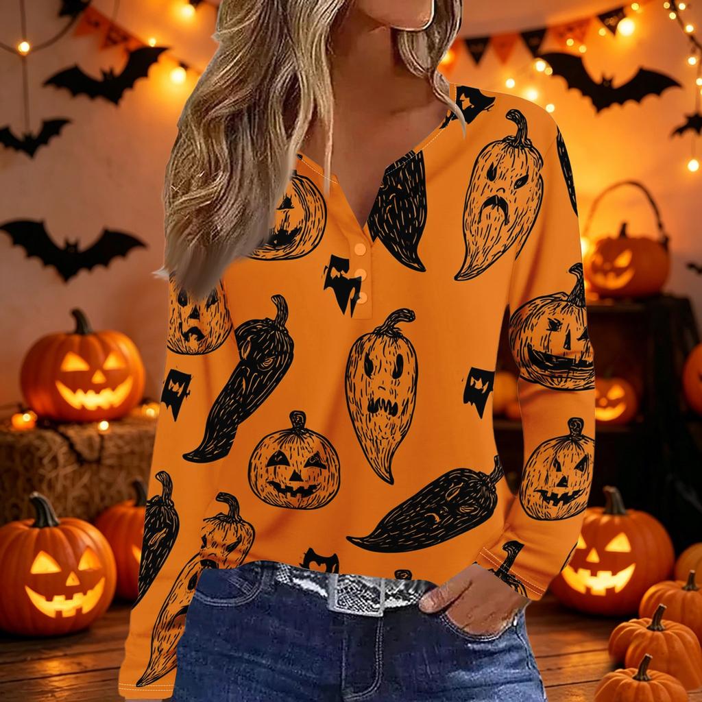 Women's Long Sleeve V Neck T Shirt Halloween Print Button Detail Casual Top Lightweight Soft Fabric Comfortable Fit