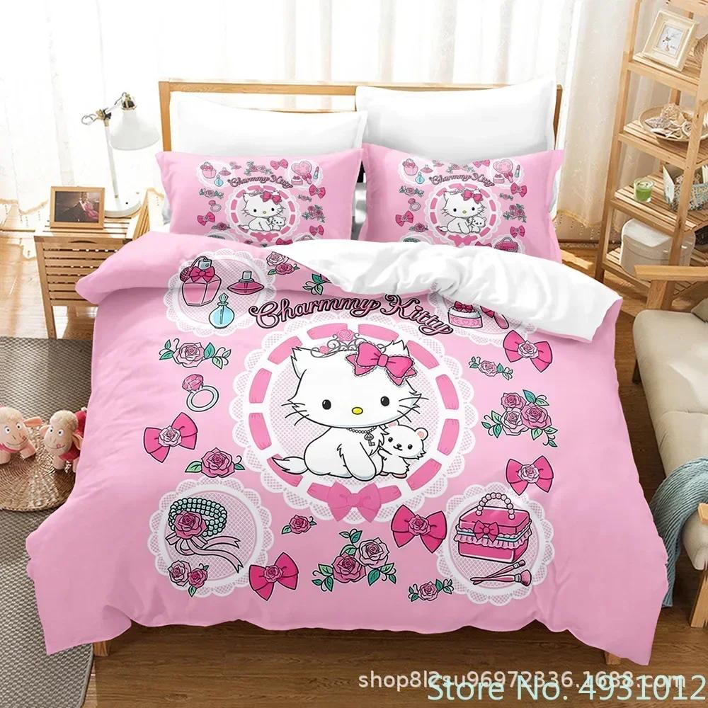 Cute Hello Kitty Colors Bedding Set Pillowcase Japanese Anime Bedclothes 3D Printed Quilt Cover Duvet Cover Baby Kids Child Gift