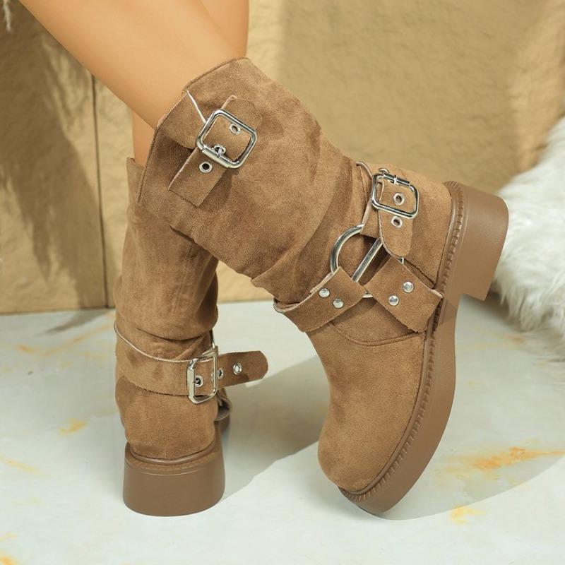 Large Size Double-breasted Western Cowboy Style Knight Boots Fall and Winter New Mid-leg Knee-length Women's Boots