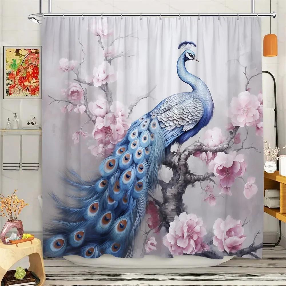 Peacock Shower Curtain Tropical Plant Flower Leaf Landscape Vintage Oil Painting Elegant Polyester Fabric Bathroom Decor Curta