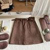 Plus Size Retro Brown Suede A-Line Mini Skirt with Waist Bag - High Waist, Slimming Hip-Hugging Design for Women, Autumn/Winter