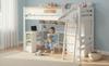 Bunk Bed, with Fall Protection Rail, with Table and Wardrobe, Ample Storage Space, with Four-Step Ladder, Pine+MDF+Plywood, White+Natural, 90x200cm