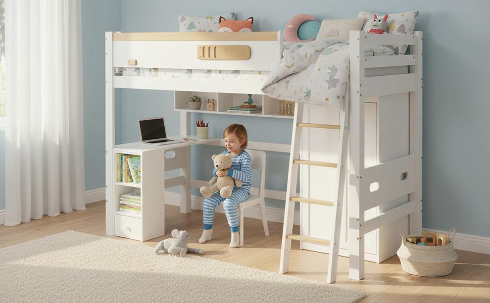 Bunk Bed, with Fall Protection Rail, with Table and Wardrobe, Ample Storage Space, with Four-Step Ladder, Pine+MDF+Plywood, White+Natural, 90x200cm