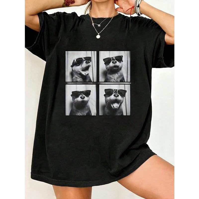 Oversized T-Shirt Black Otter With Sunglasses Print Casual Wear For Women Summer Outfit Streetwear Fashion Trendy Top