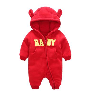 Elf Baby Romper with Hood and Bear Long Warmth Ears, Sleeves, Fall/Winter (Size 6M, Red)