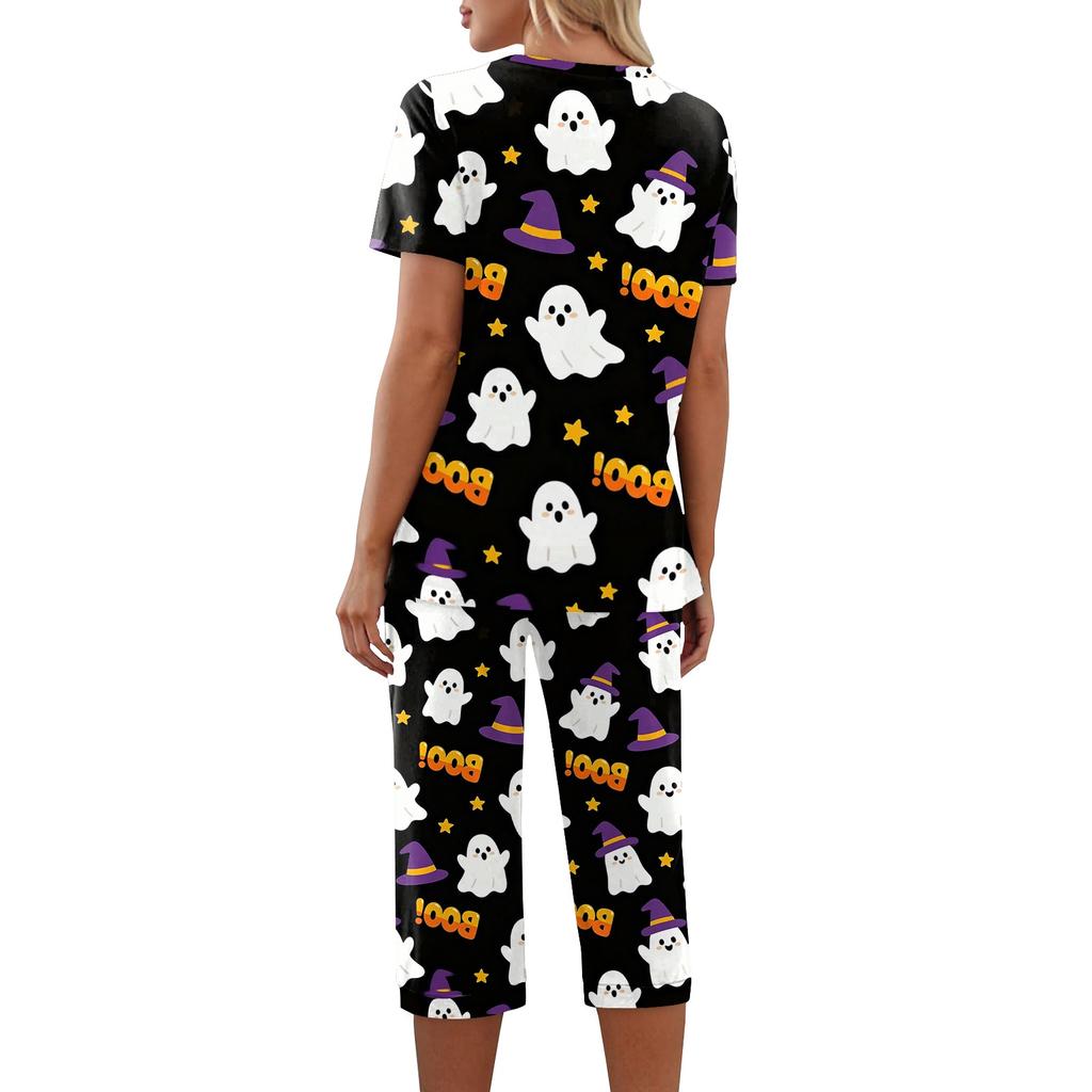 Women Halloween Printed Two Piece Set Short Sleeve Casual Top and Cropped Pants Comfortable Relaxed Fit Outfit