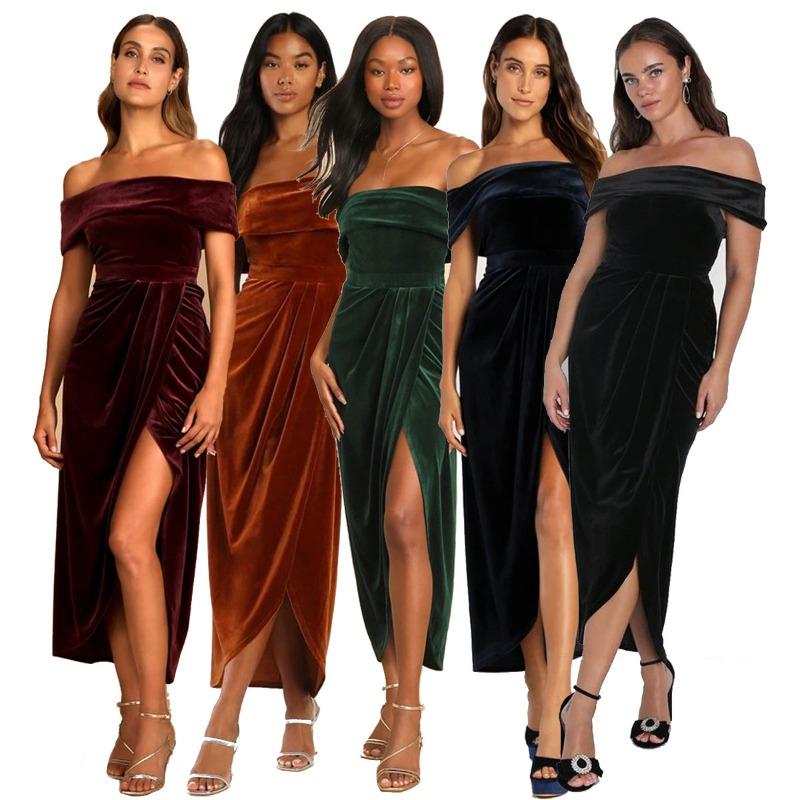 Velvet Dress with Elegant Temperament  One Shoulder Slit Dress