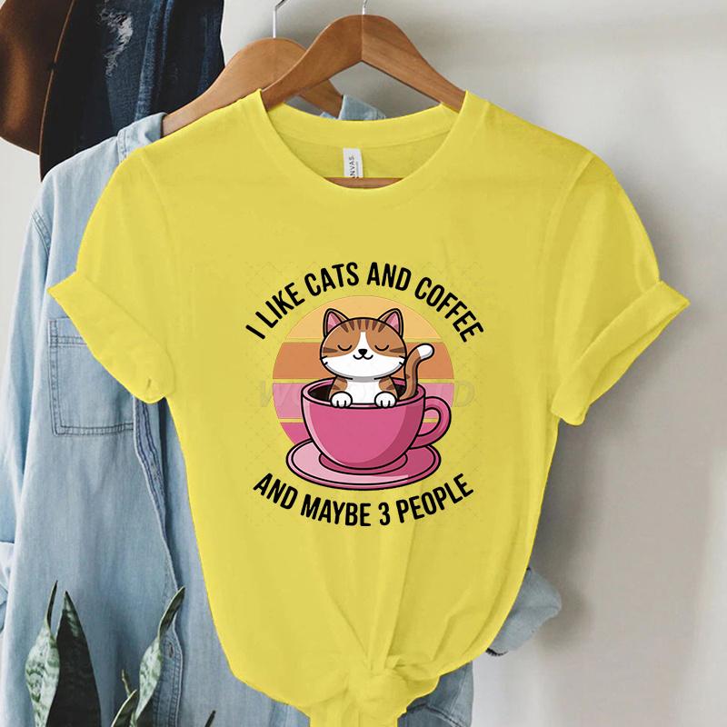 

Kawaii Cat Coffee Lover T Shirt I Like Cats and Coffee Classic Top Tees Crew Neck Summer Clothes Coffee Lover Gift Cat Mom Shirt 4XL