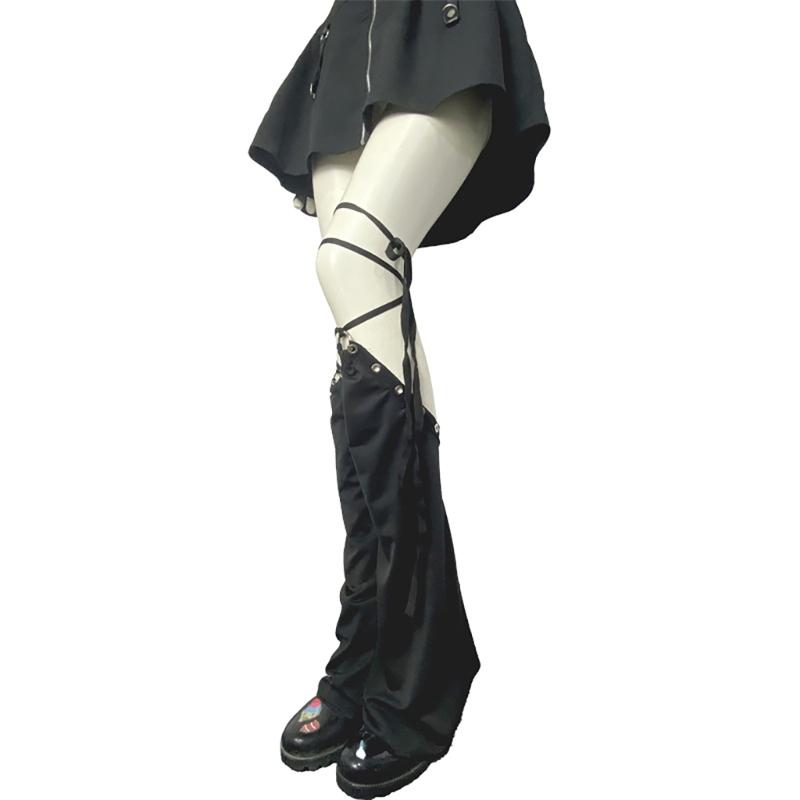 Women Punk Lace Up Straps Flared Leg Warmers Japanese Harajuku Eyelets Knee Length Foot Cover Long Tube Socks Streetwear