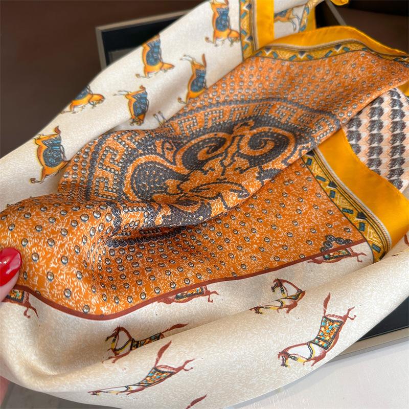 European and American style horse printing scarf simulation silk 71 color matching small square scarf spring and autumn versatile scarf tied hair deco