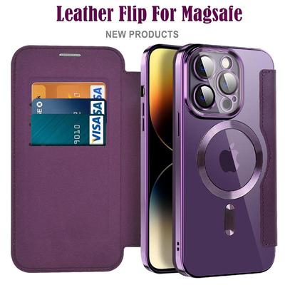 Huse flip din piele pentru încărcare fără fir magnetică Magsafe pentru iPhone 14 Plus 13 12 11 Pro Max Lentilă Iarbă Portofel Husă pentru suport pentru card