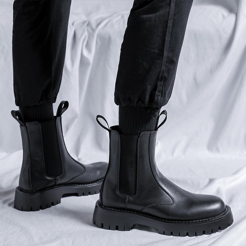 Leather Mens Boots High Top Fashion Decorative Luxury Designer Shoes Men Business Round Toe Slip-on Sleek Boots Plush Warm Shoes