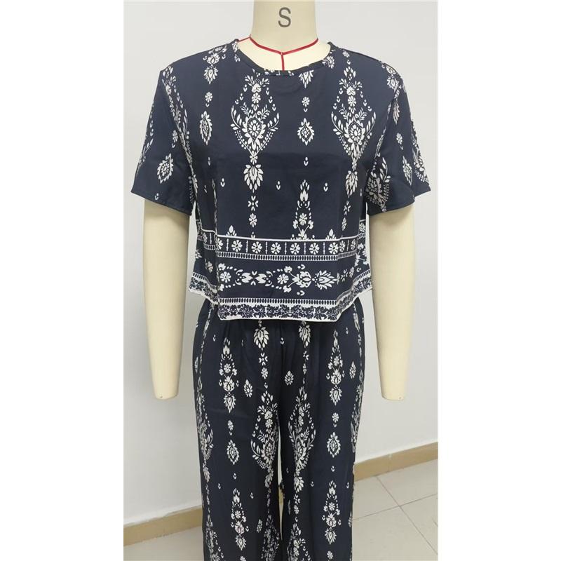 Dames Bohemian Bedrukt Tweedeel Outfit Korte Mouw Crop Top Wijde Capri Broek Vintage Etnisch Casual Loungewear Set