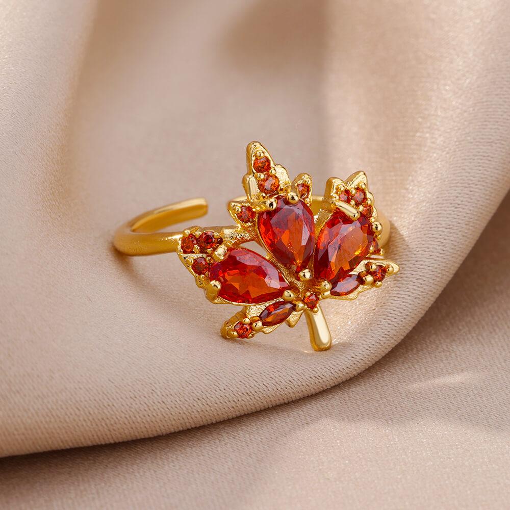 Zircon Maple Leaf Rings For Women Stainless Steel Gold Color Opening Plant Ring Fashion Korean Wedding Party Jewerly Gift