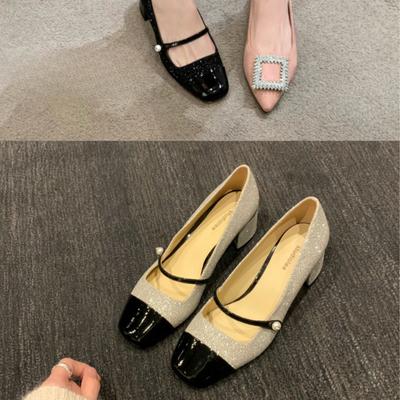 Sheepskin Sparkling Sequins Small Fragrant Style Square Head Word with Thick Heel Mary Jane Shoes Women's Single Shoes