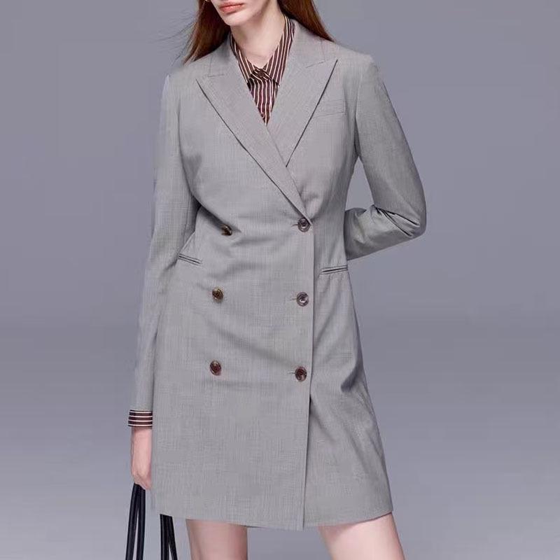 Nanyou Elegant Women's Wool-Silk Mid-Length Double-Breasted Suit Dress - Autumn Collection