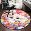 1pc Anime Design Round Carpet Cute White Kitten with Colorful Flowers Office Chair Mat, Non Slip Rug for Home Decor