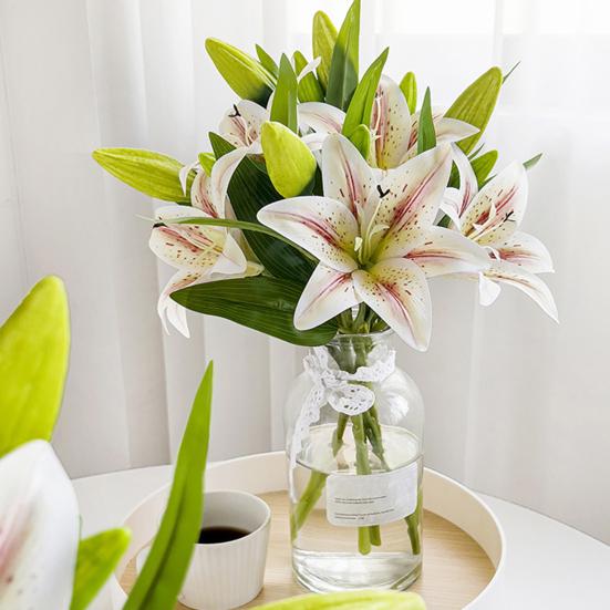 Artificial Lily Flowers with 2 Heads Full Bloom And 1 Bud Long Stem Fake Lilies Bouquet for Wedding Floral Arrangements Spring Home Table Centerpiece