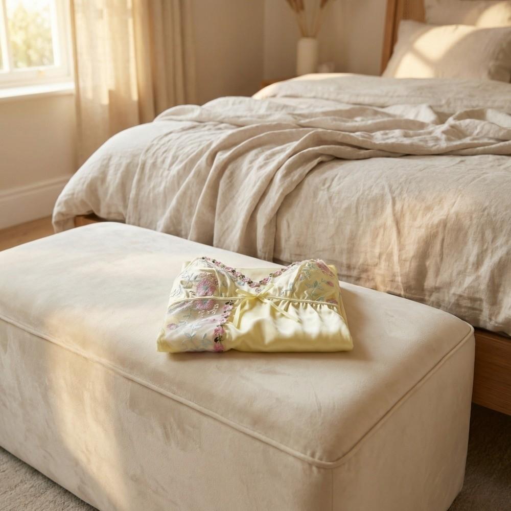 Embroidered Ice Silk Suspender Nightdress Thin Lace Bow Slim Sling Nightgown  Spicy Girl