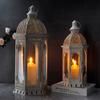 Set of 2 Decorative Candle Lanterns 22"&17"Outdoor vintage Metal Candle Holder Home Decor(White with Gold Brush))