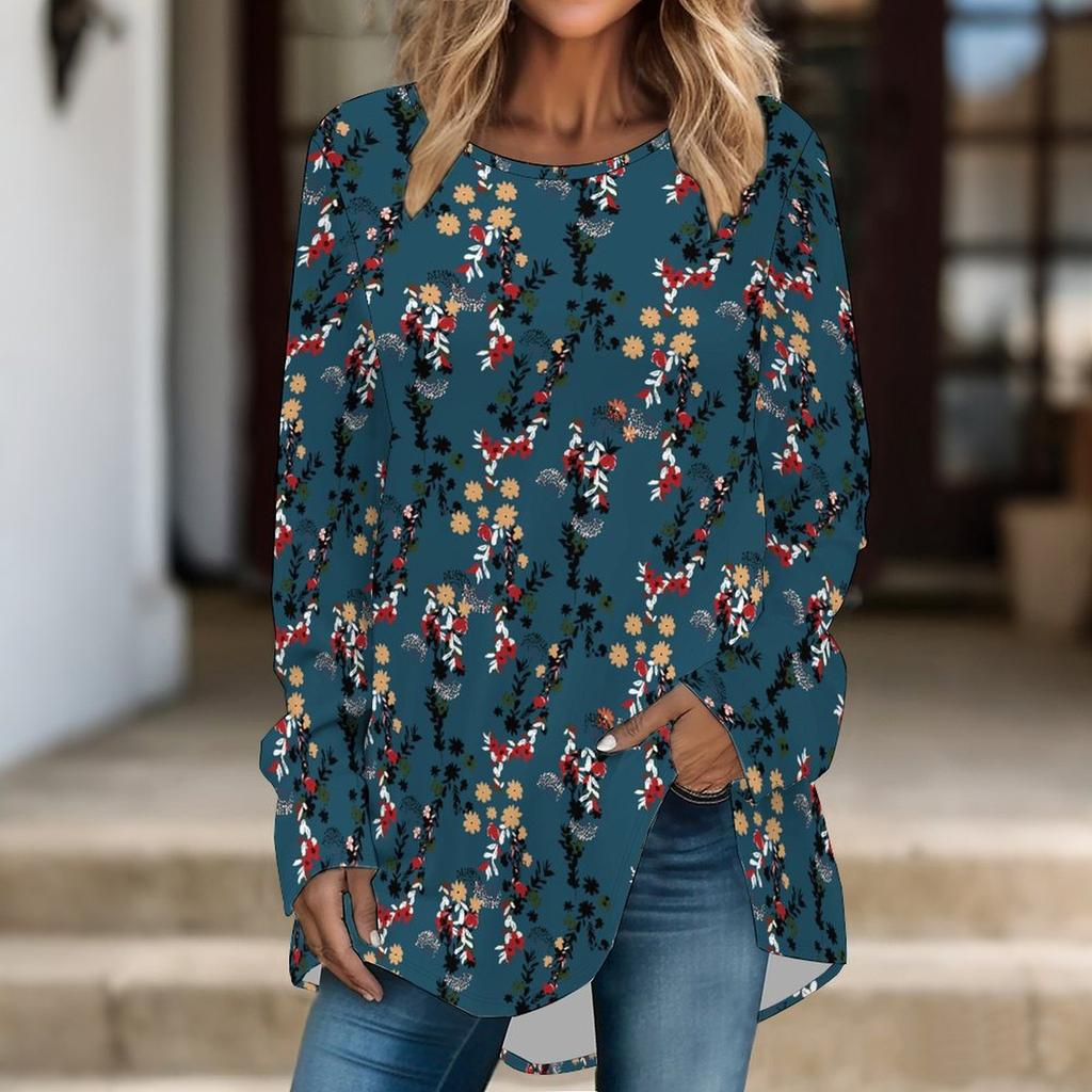 Women Long Sleeve Tunic Top Print Crew Neck Loose Fit Blouse With Pockets Casual Daily Wear Ladies Tops