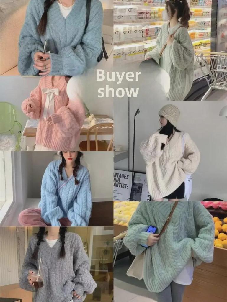 V-Neck Twisted Sweater: All-Match, Soft & Thick Wool Knit for Spring, Autumn, and Winter - Gentle, Lazy Korean Style Top