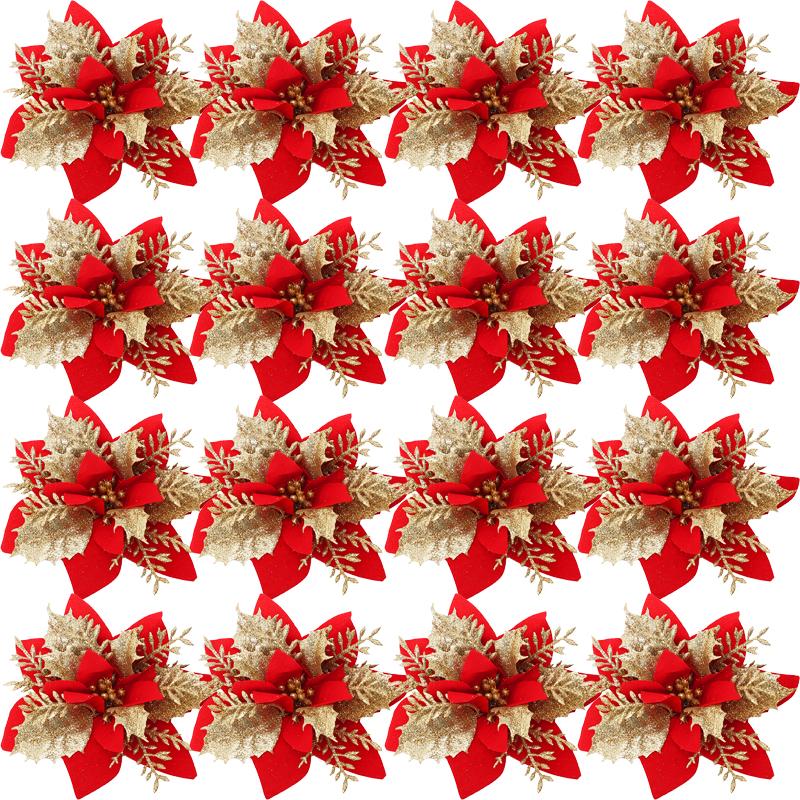 10PCS Glitter Artificial Christmas Flowers for Xmas Tree Ornament Fake Flower Floral with Clips New Year Party Home Decoration