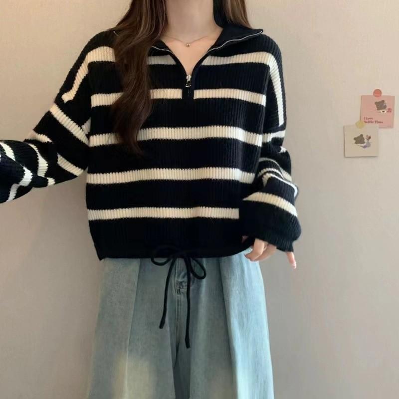 Half-zipper High-neck Striped Sweater Female Fall and Winter Thickened Loose Lazy Head Short Section Knit Sweater Comfortable and Versatile Fashion