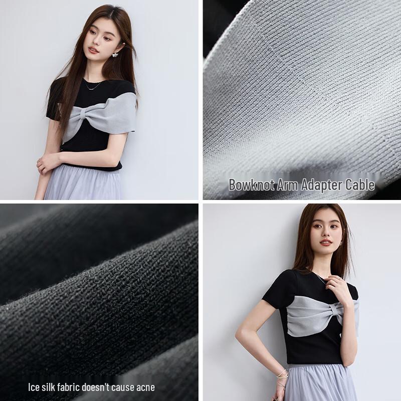 VICTORIA&VERA Women's 3D Bow Ice Silk Short Sleeve Knit Top