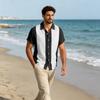Men Short Sleeve Casual Button Down Shirt Relaxed Fit Lightweight Fabric Vertical Stripe Pattern Lapel Collar Pocket Design