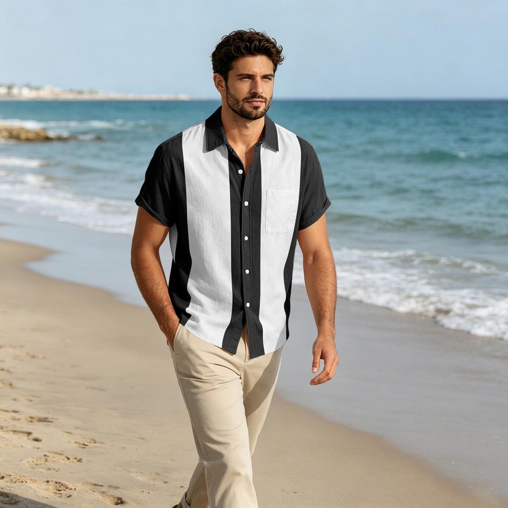 Men Short Sleeve Casual Button Down Shirt Relaxed Fit Lightweight Fabric Vertical Stripe Pattern Lapel Collar Pocket Design