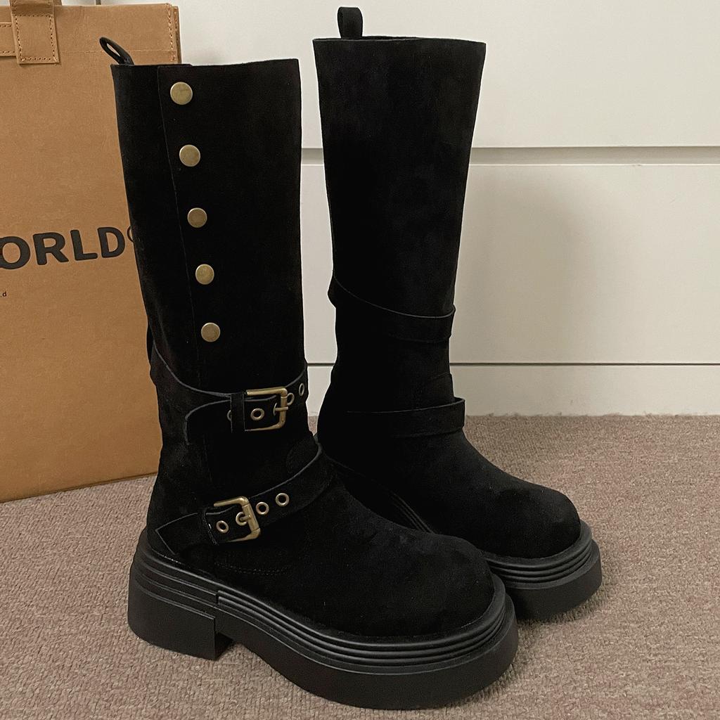 Black Retro But Knee Thick-soled Boots Women's 2025 New Autumn Small Man Height and Thinness Knight Boots